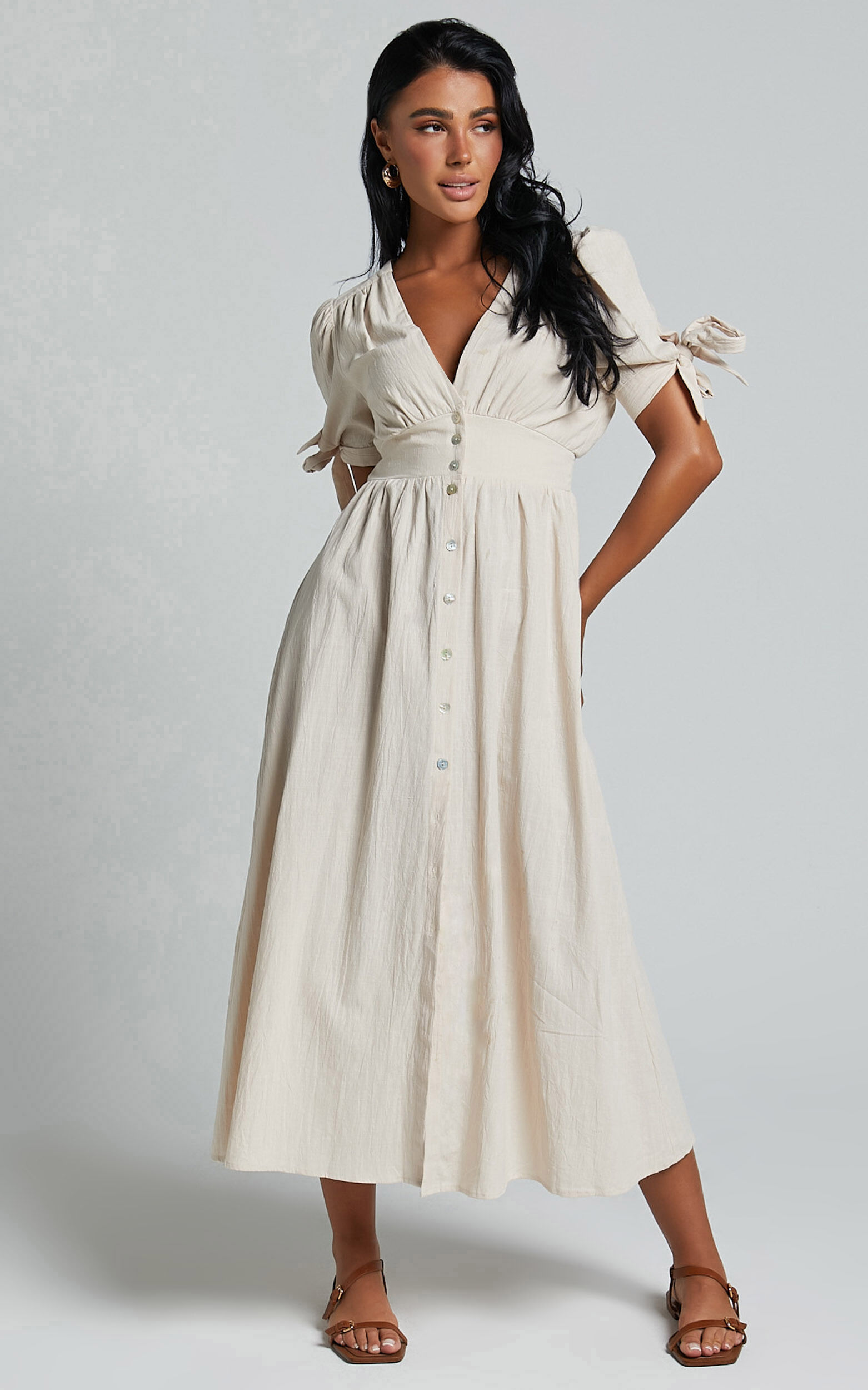 Avegail Midi Dress V Neck Button Through Short Sleeve Dress in Bone