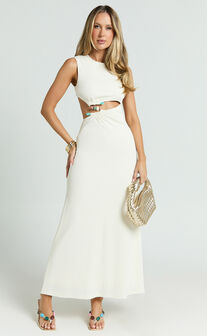 Amy Maxi Dress - High Neck Cut Dress in Cream