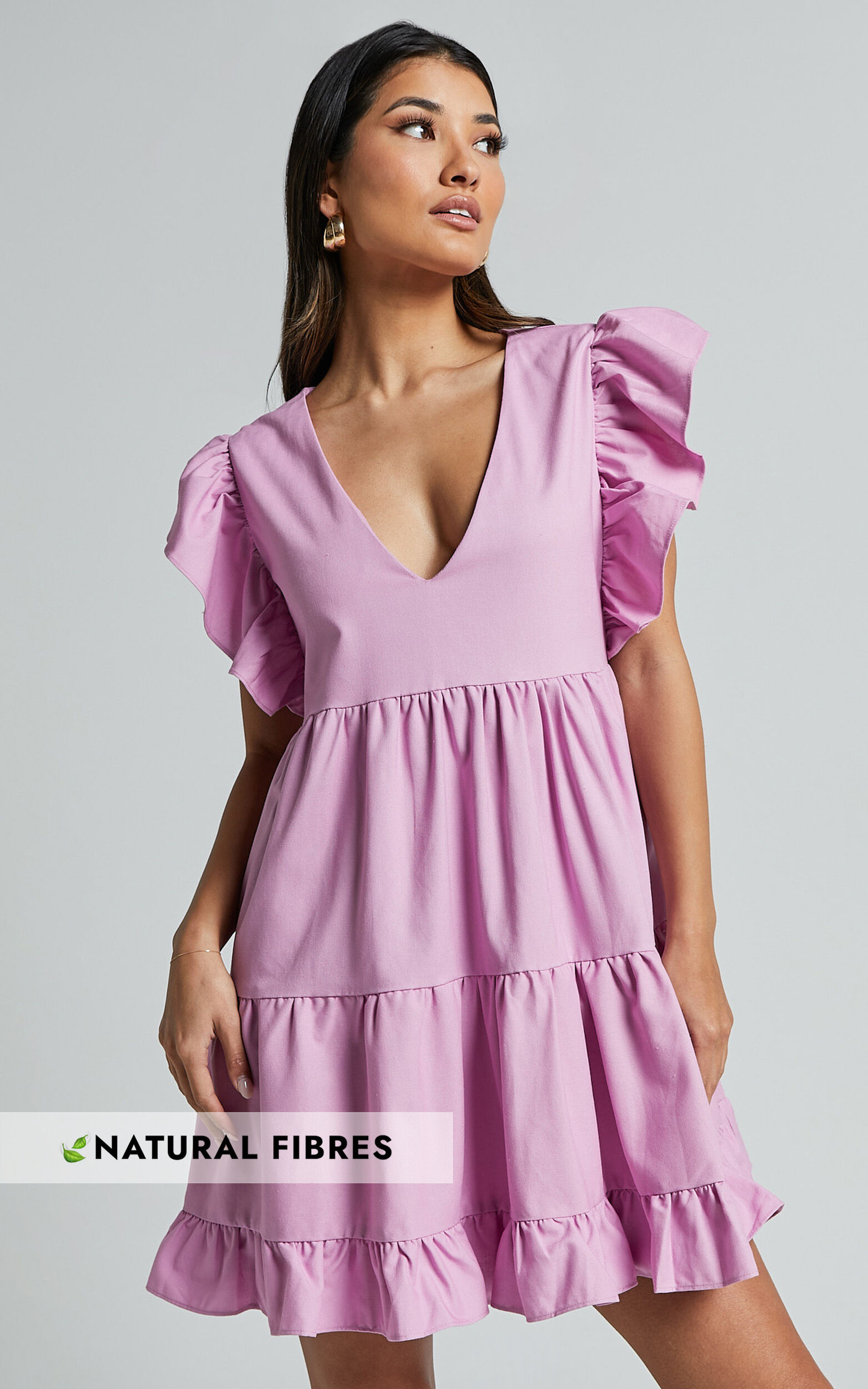 Cayenne Mini Dress - Linen Look V Neck Short Flutter Sleeve Tiered Dress in Pink - 06, PNK1