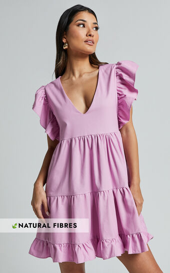 Cayenne Mini Dress - Linen Look V Neck Short Flutter Sleeve Tiered Dress in Pink