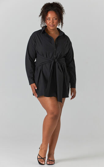 Macie Mini Dress - Tie Front Shirt Dress in Black
