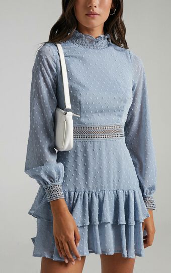 Are You Gonna Kiss Me Mini Dress - Cuffed Long Sleeve Dress in Dusty Blue