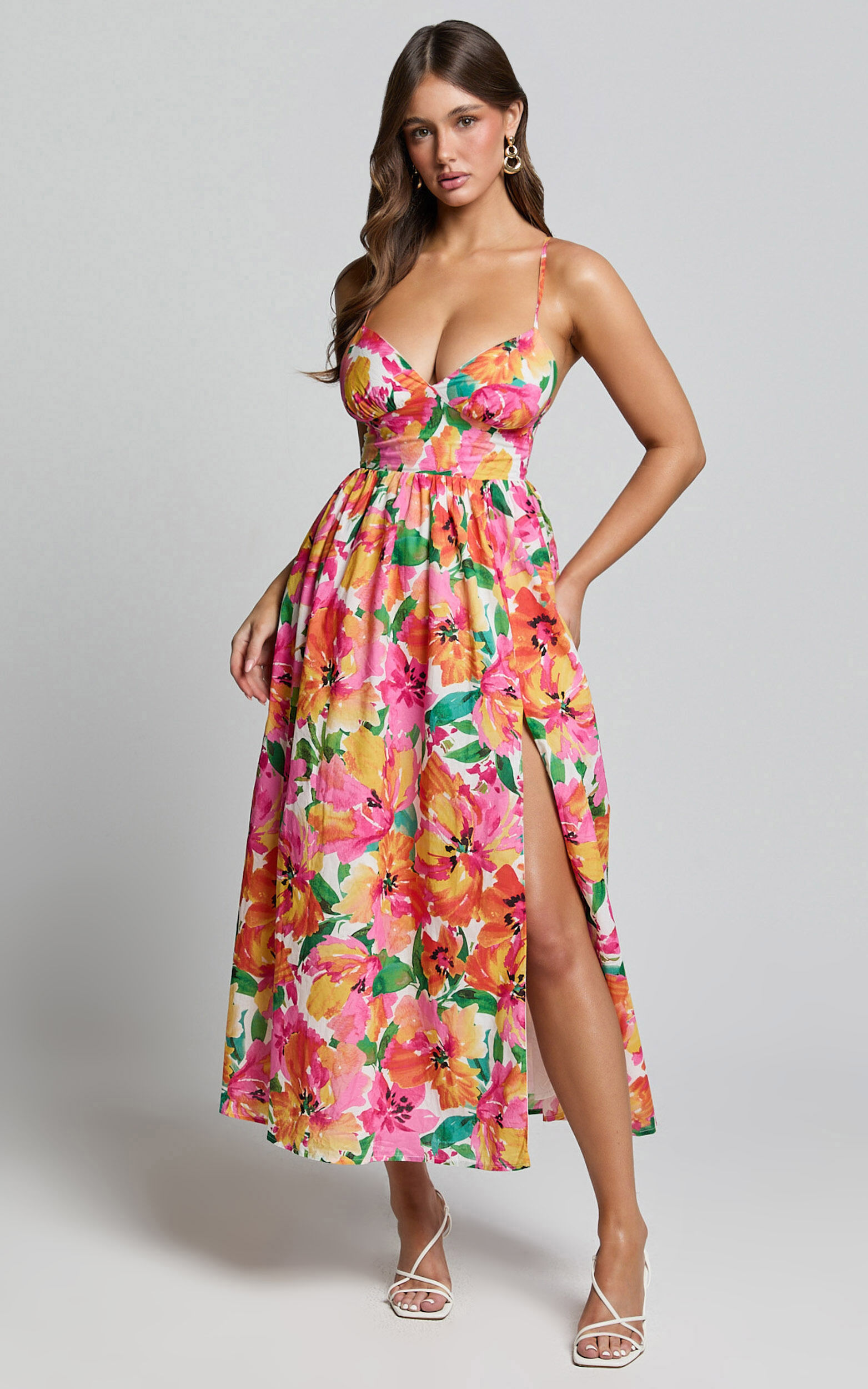 Shairah Midi Dress - Cross Back Gathered Sweetheart Dress in