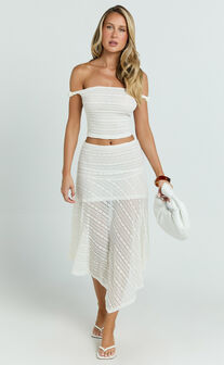 Hayden Midi Skirt - Low Waisted Asymmetrical Lace Midi Skirt in White