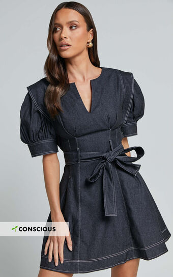 Dolores Mini Dress - Close V Neck Short Puff Sleeve Belted Dress in Black 