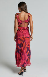 Alessa Midi Dress - V Neck Frill Detail Empire Waist Back Cut Out Dress in Adeana Print | Showpo USA