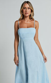 Brette Midi Dress - Linen Straight Neck Strappy Fit And Flare Dress in Blue