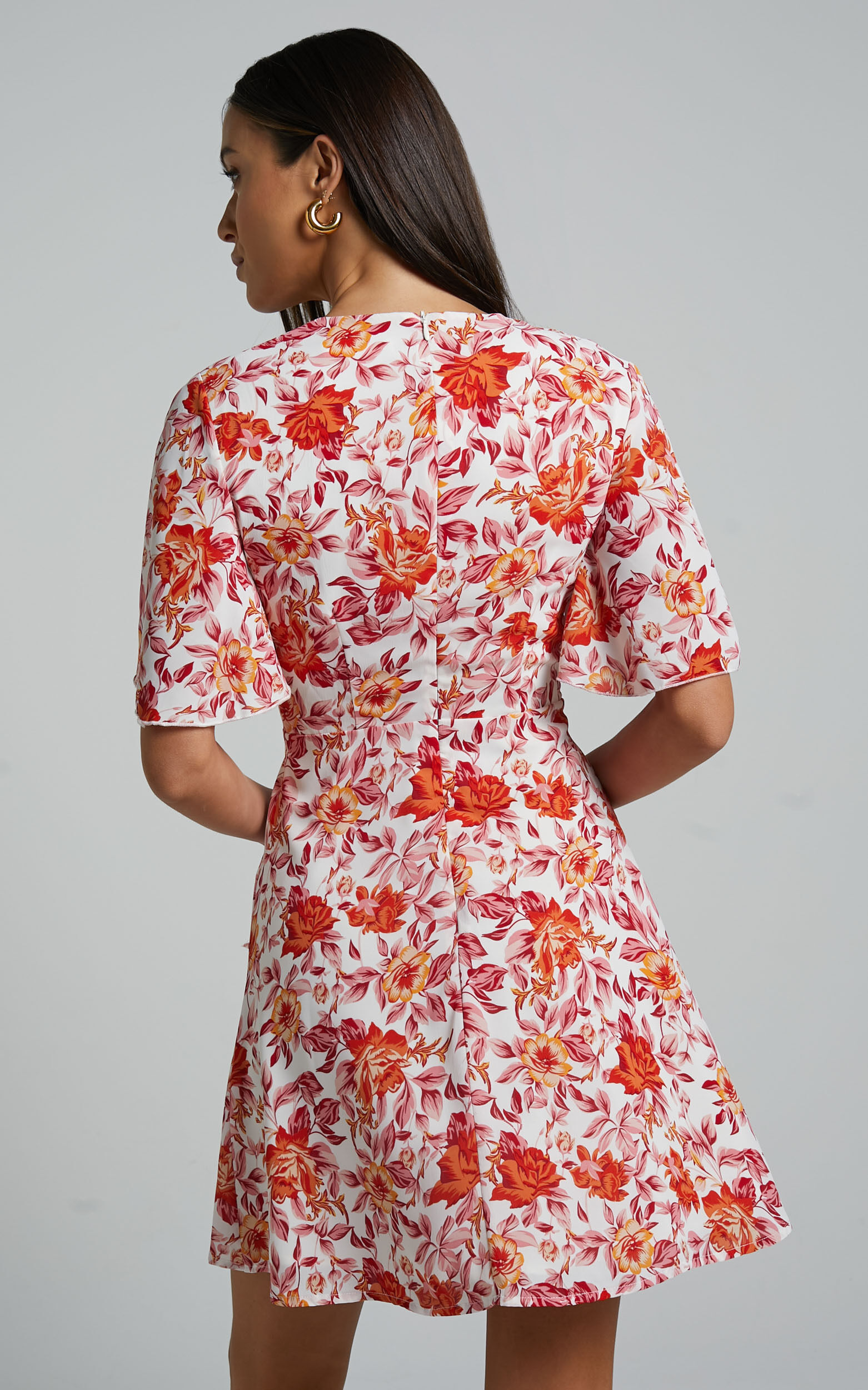 Red floral tie front dress cheap