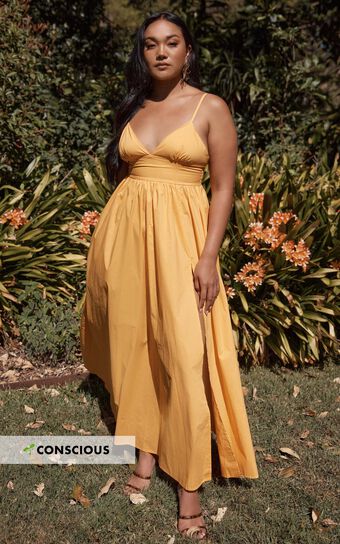 Haydie Maxi Dress - V Neck Thigh Split Dress in Marigold
