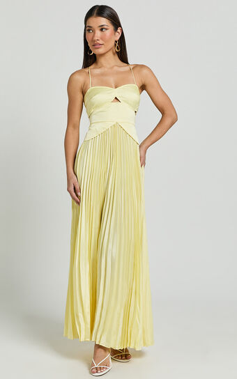 Shay Maxi Dress - Sweetheart Cut Out Pleated Dress in Lemon