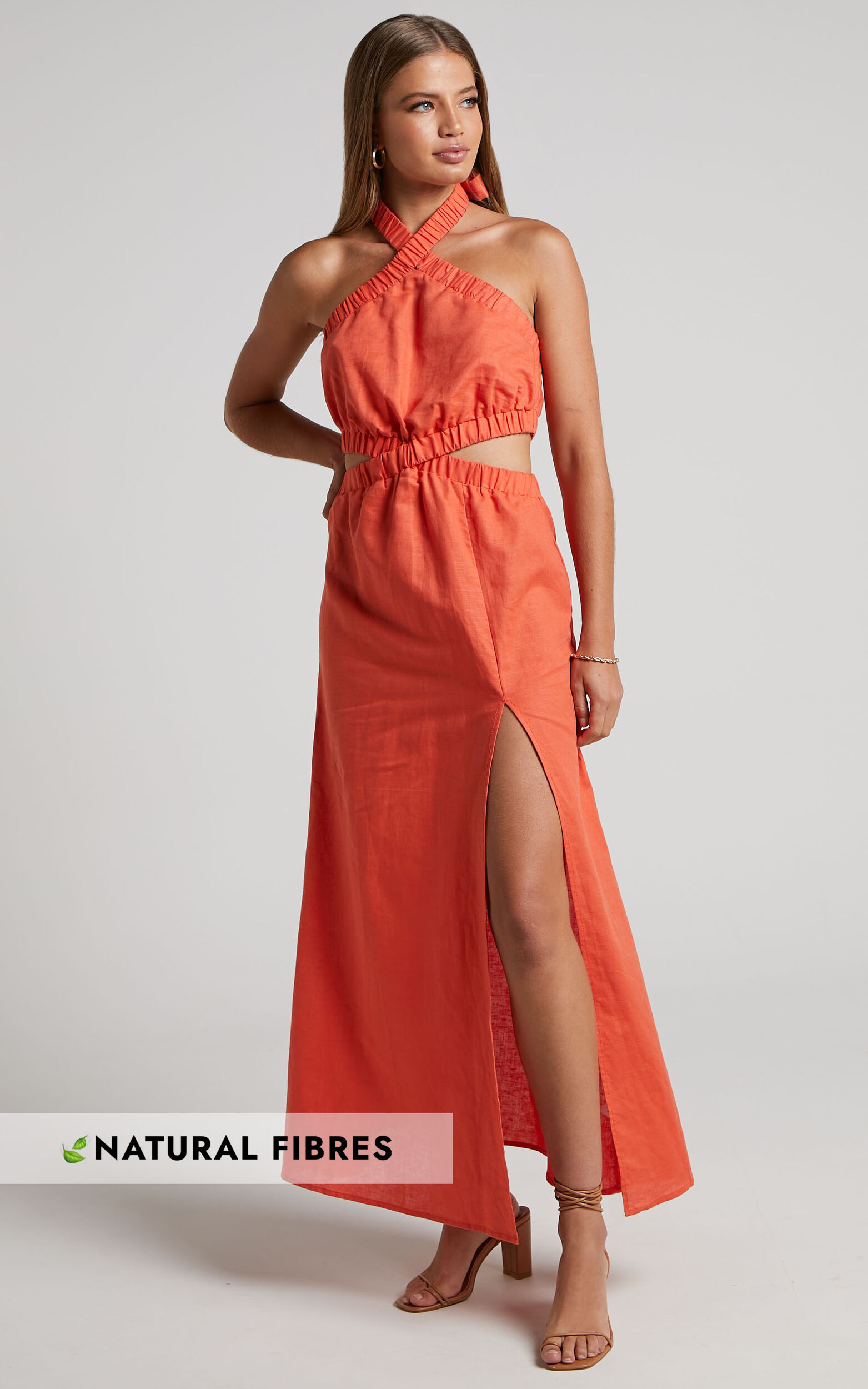 Amalie The Label - Linen Blend Halter Neck Cut Out Maxi Dress in Orange Pop - 04, ORG1