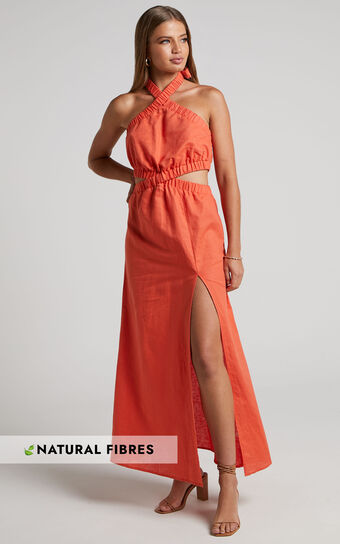 Amalie The Label - Linen Blend Halter Neck Cut Out Maxi Dress in Orange Pop