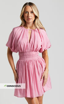 Michalka Mini Dress - Blouson Puff Sleeve Elasticised Waist in Pink