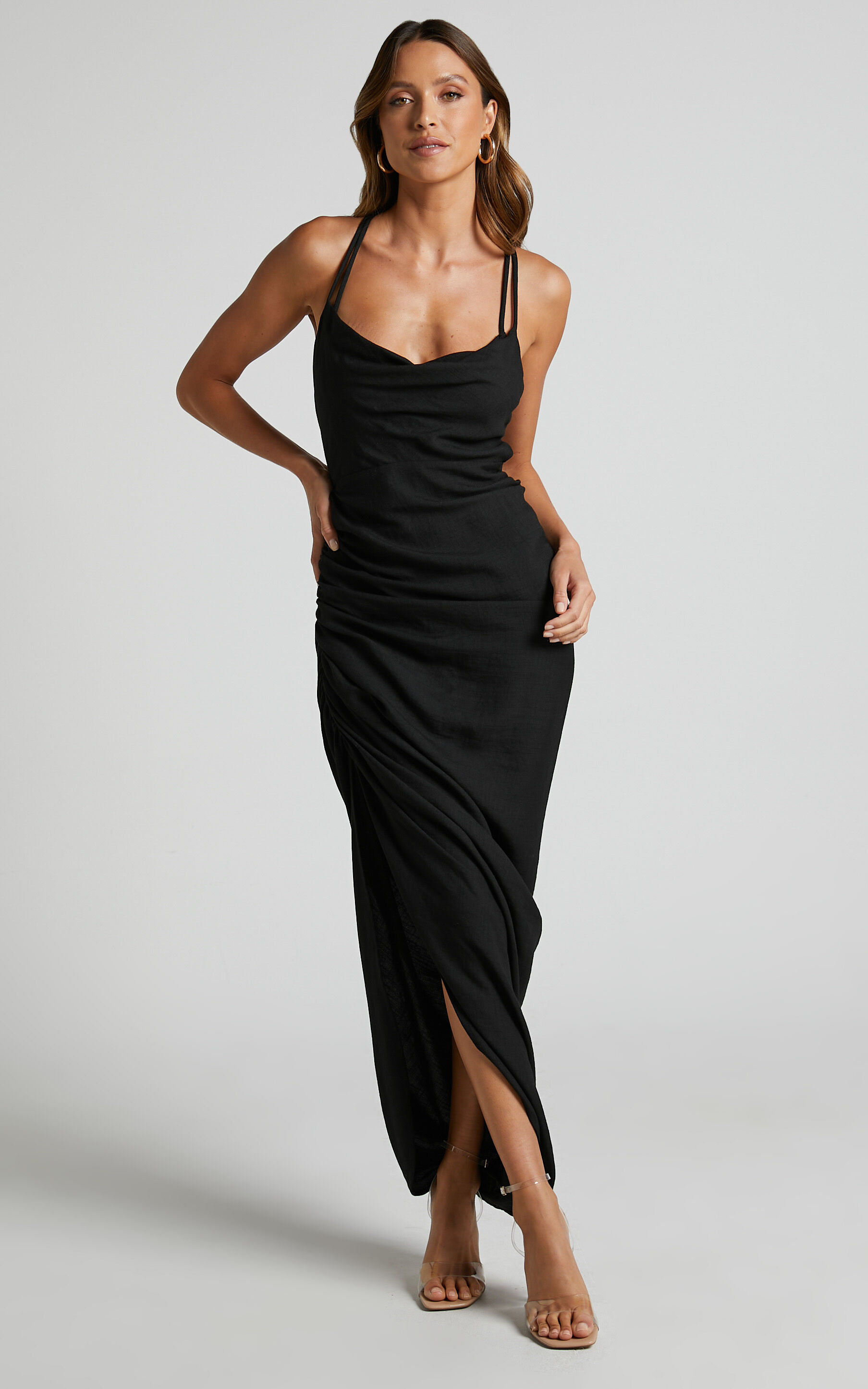 Khari Midi Dress Strappy Back Ruched Slip Dress in Black Showpo USA