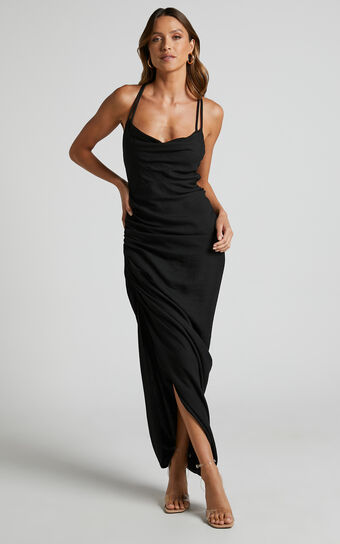 Khari Midi Dress - Strappy Back Ruched Slip Dress in Black