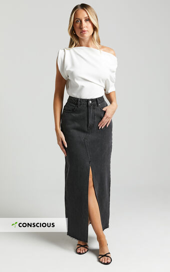 Kira Midi Skirt - Front Split Denim Skirt in Washed Black