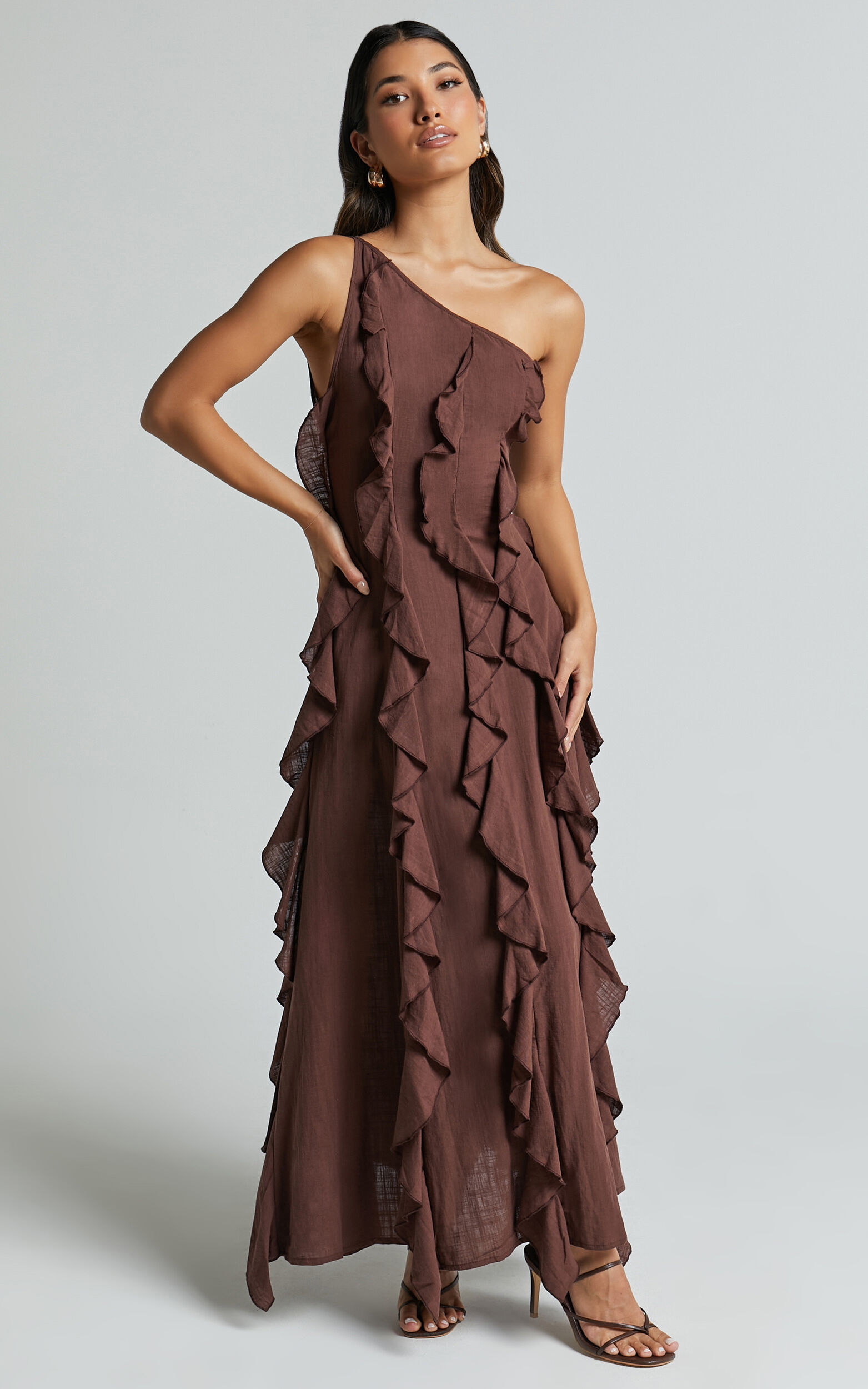 Britney Maxi Linen Blend Dress - One Shoulder Ruffle Detail Dress in Chocolate - 06, BRN1