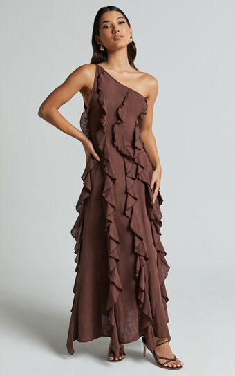 Britney Maxi Linen Blend Dress - One Shoulder Ruffle Detail Dress in Chocolate