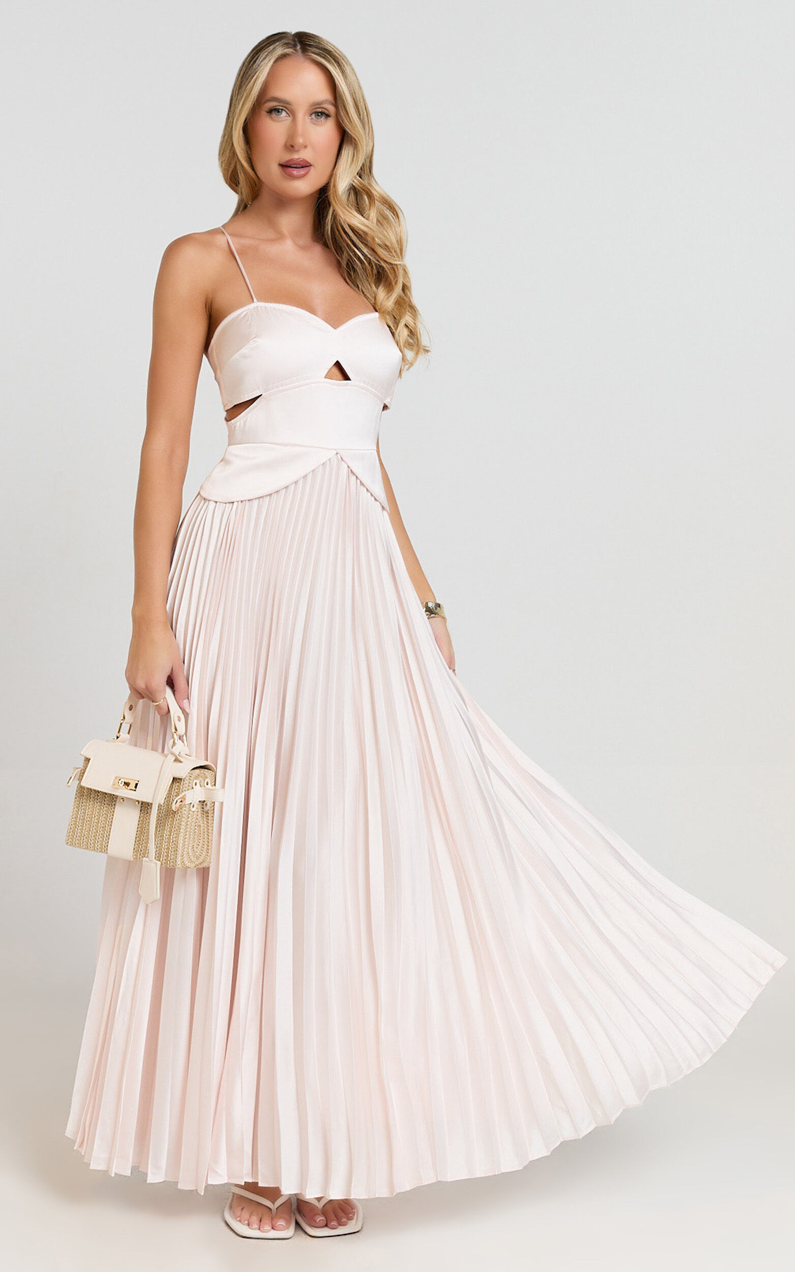 Shay Maxi Dress - Sweetheart Cut Out Pleated Dress in Soft Pink - 06, WHT1