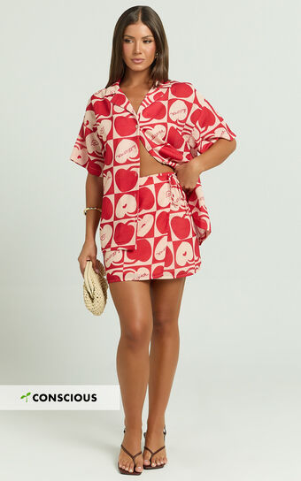 Vangie Mini Skirt - Linen Look A Line Skirt in Red/Pink