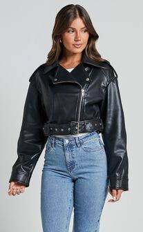 Bertha Jacket - Faux Leather Biker Jacket in Black