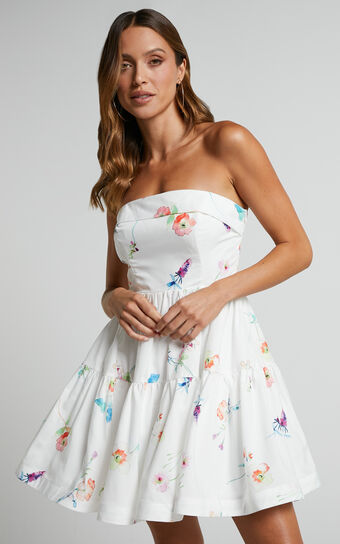 Shineey Mini Dress - Strapless Tiered Dress in Painterly Wild Flower
