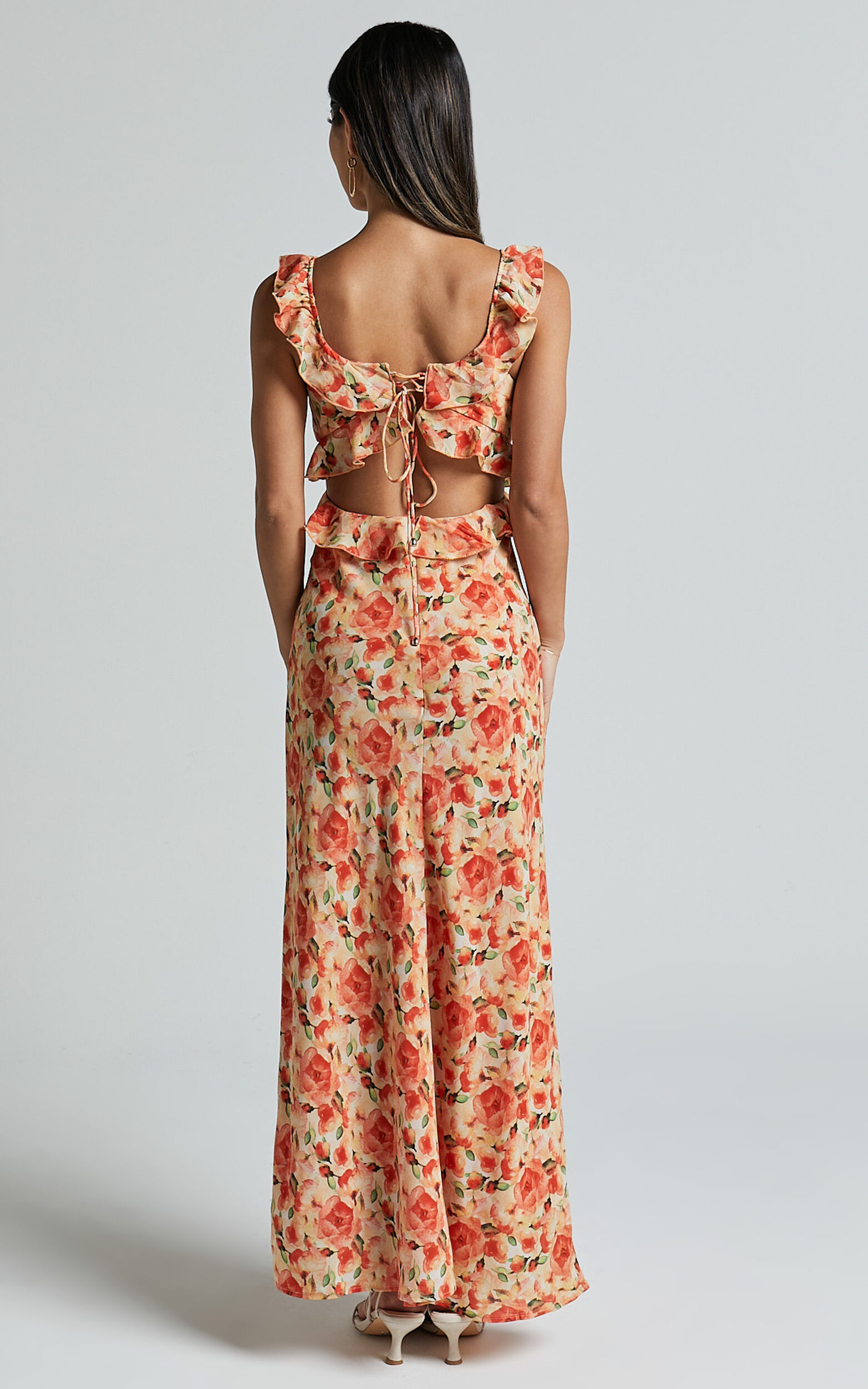Alessa Midi Dress - V Neck Frill Detail Empire Waist Back Cut Out Dress in Peach Floral | Showpo USA