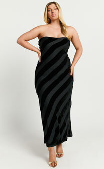 Genevieve Midi Dress - Strapless Stripe Burnout Dress in Black Stripe