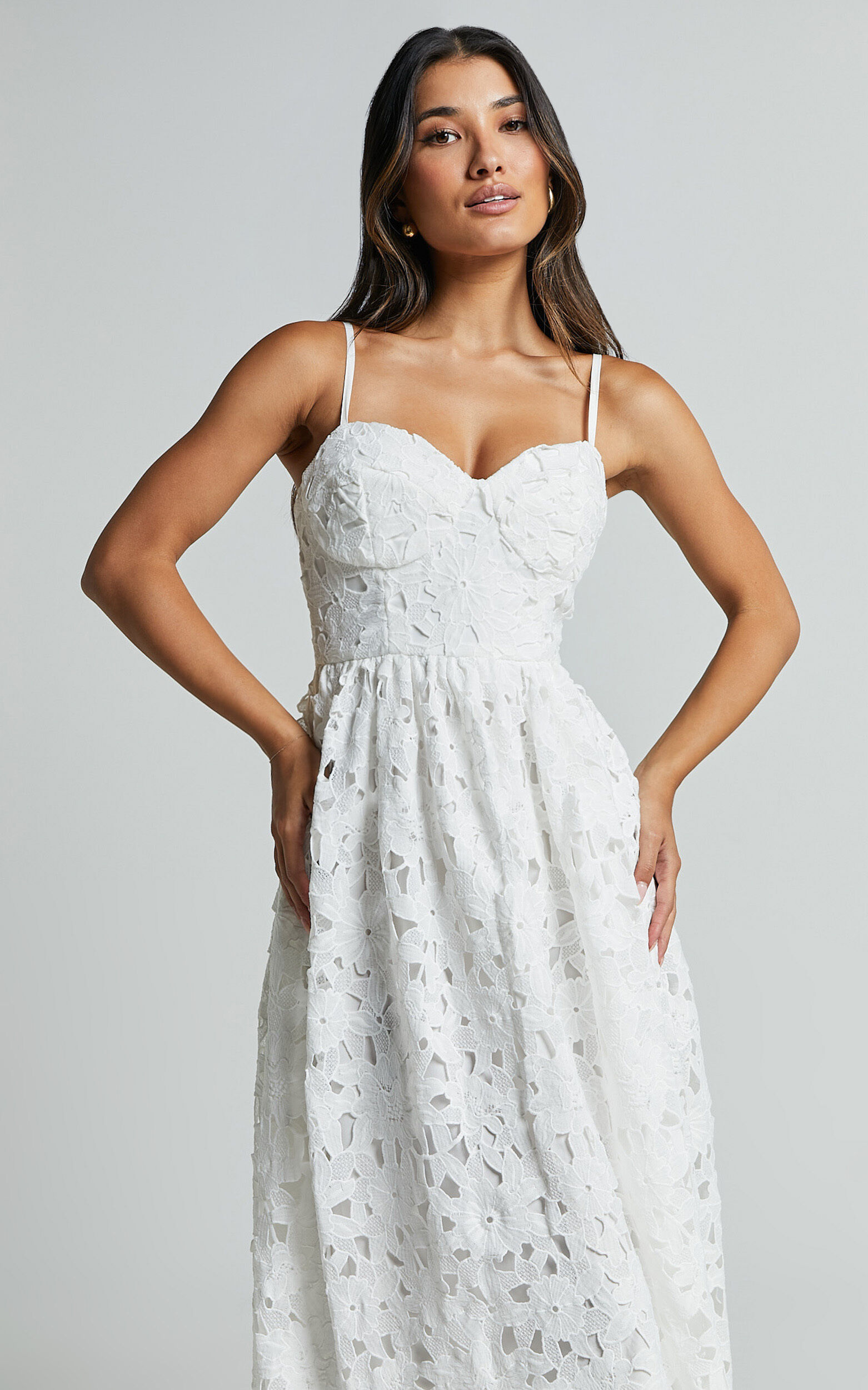 Deborah Midi Dress Strappy Sweetheart Neck Corset Lace Dress in White Showpo