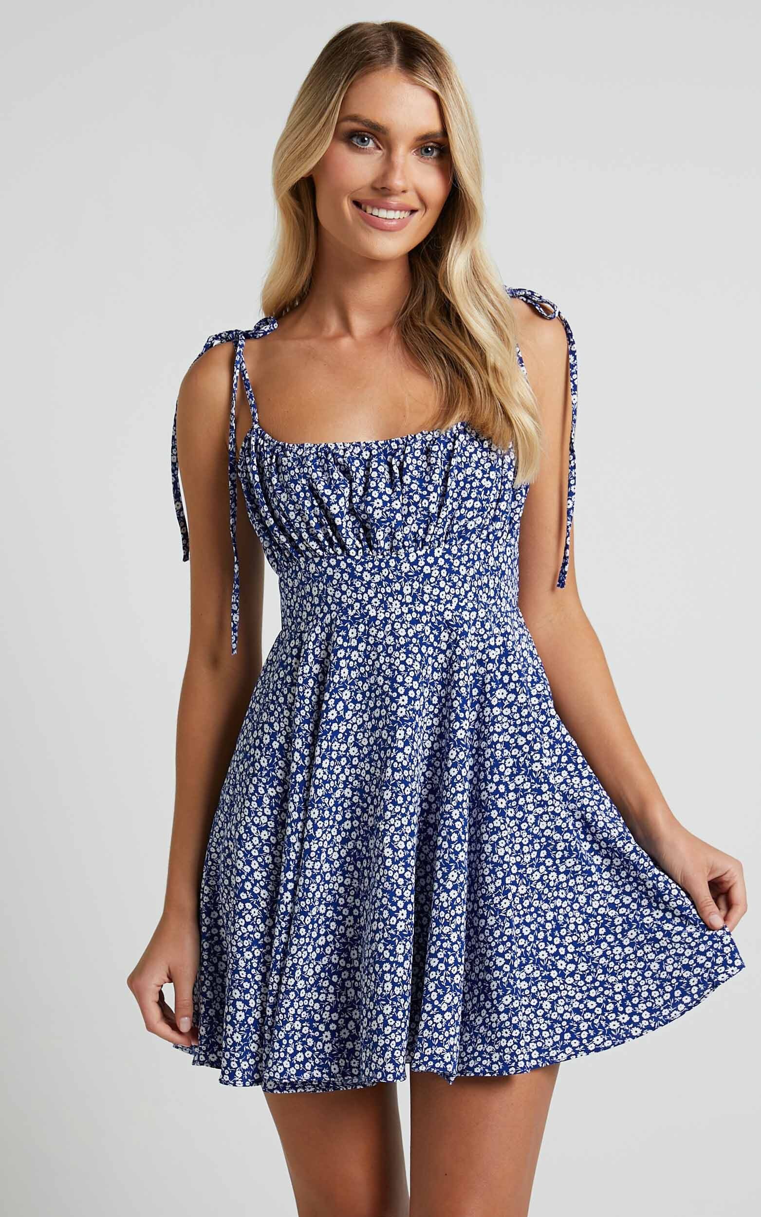 Summer Jam Mini Dress Strappy Slip Dress in Blue Floral