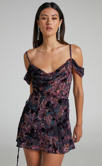 Aletta Mini Dress - Strappy Off Shoulder Cowl Neck Dress in Aletta Burn Out Floral