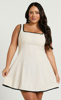 Antoni Mini Dress - Linen Ruched Back Square Neck Fit and Flare Dress in Natural