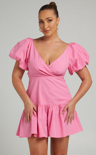 Brighton Puff Sleeve Ruffle Mini Dress in Bright Pink