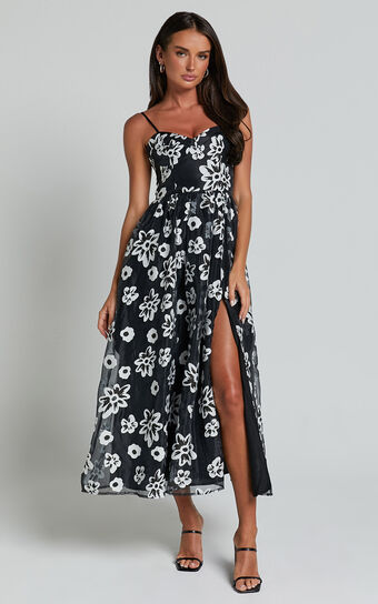 Nikky Midi Dress - Organza Full Skirt Dress in Black Floral