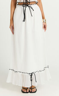 Jaden Maxi Skirt - Gathered Contrast Tie Detail Skirt in Cream