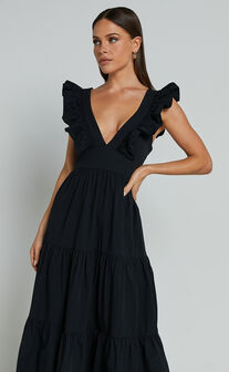 Levona Midi Dress - Ruffle Shoulder Tiered Dress in Black