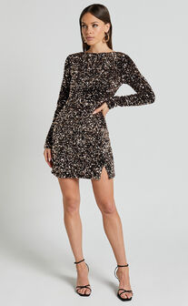 Tracy Mini Dress - Sequin Long Sleeve Backless Dress in Bronze