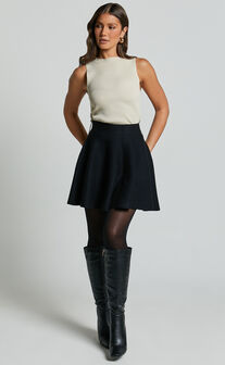 Farrah Mini Skirt - High Waisted A Line Skirt in Black