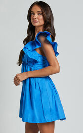 Raiza Mini Dress - Ruffle Sleeve Tie Back Plunge Dress in Blue | Showpo USA