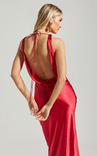 Adilah Maxi Dress - Cowl Neck Satin Dress in Wine