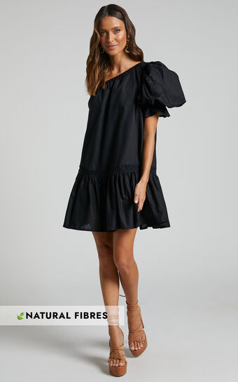 Amalie The Label - Aimi Linen Blend One Shoulder Puff Sleeve Mini Dress in Black