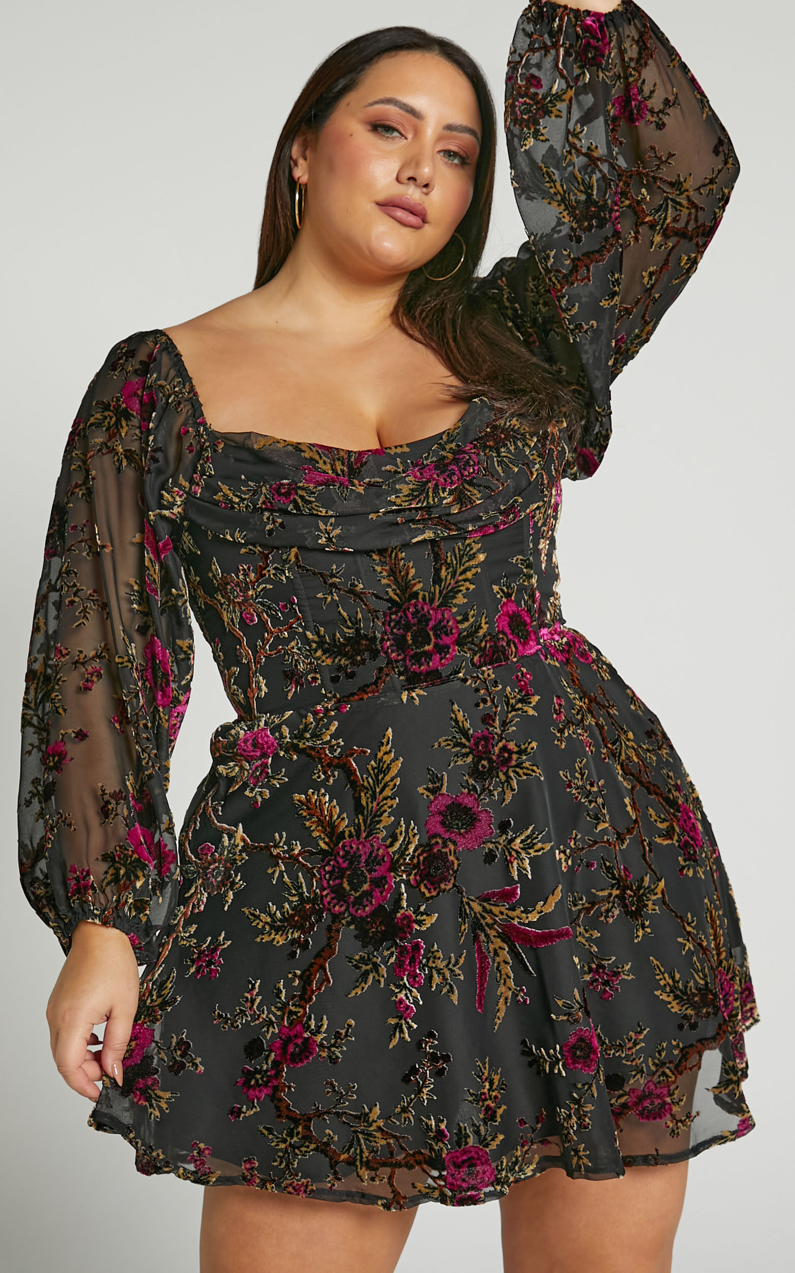 Jessell Mini Dress Long Sleeve Cowl Corset Dress in Black Floral