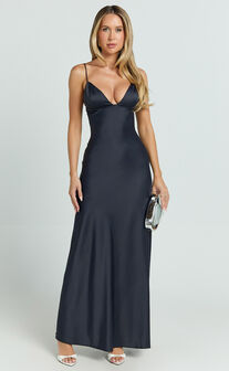 Cariela Midi Dress - Plunge Neck Satin Dress in Navy
