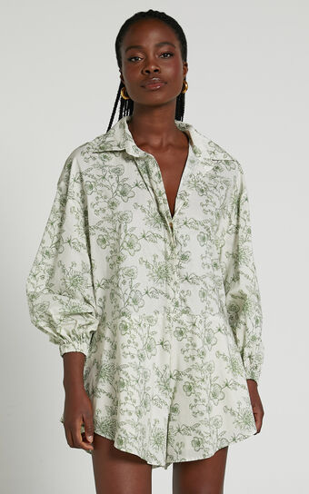 Anka Playsuit - Relaxed Button Front Shirt Playsuit in Green Floral