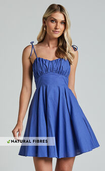 Leuven Mini Dress - Linen Look Empire Waist Dress in Blue