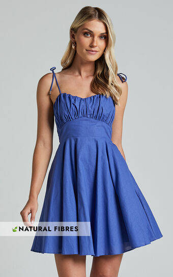 Leuven Mini Dress - Linen Look Empire Waist Dress in Blue