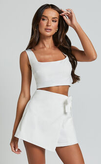 Polina Two Piece Set - Linen Look Square Neck Crop Top and Tie Waist Skort Set in White