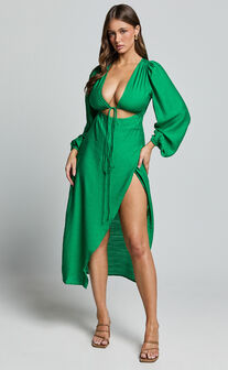 Demieh Midi Dress - Front Cut Out Long Sleeve Dress in Green