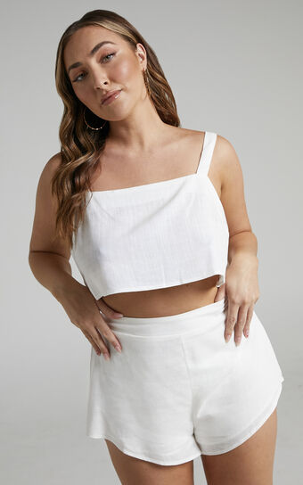 Zanrie Two Piece Set - Linen Square Neck Crop Top and High Waist Mini Flare Shorts Set in White Linen Look