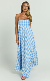Katrien Maxi Dress - Strappy Empire Waist Flare Dress in Blue Check ...